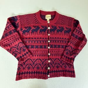 Vintage Woolrich Womens M Red Black Moose Fair Isle Wool Cardigan Sweater